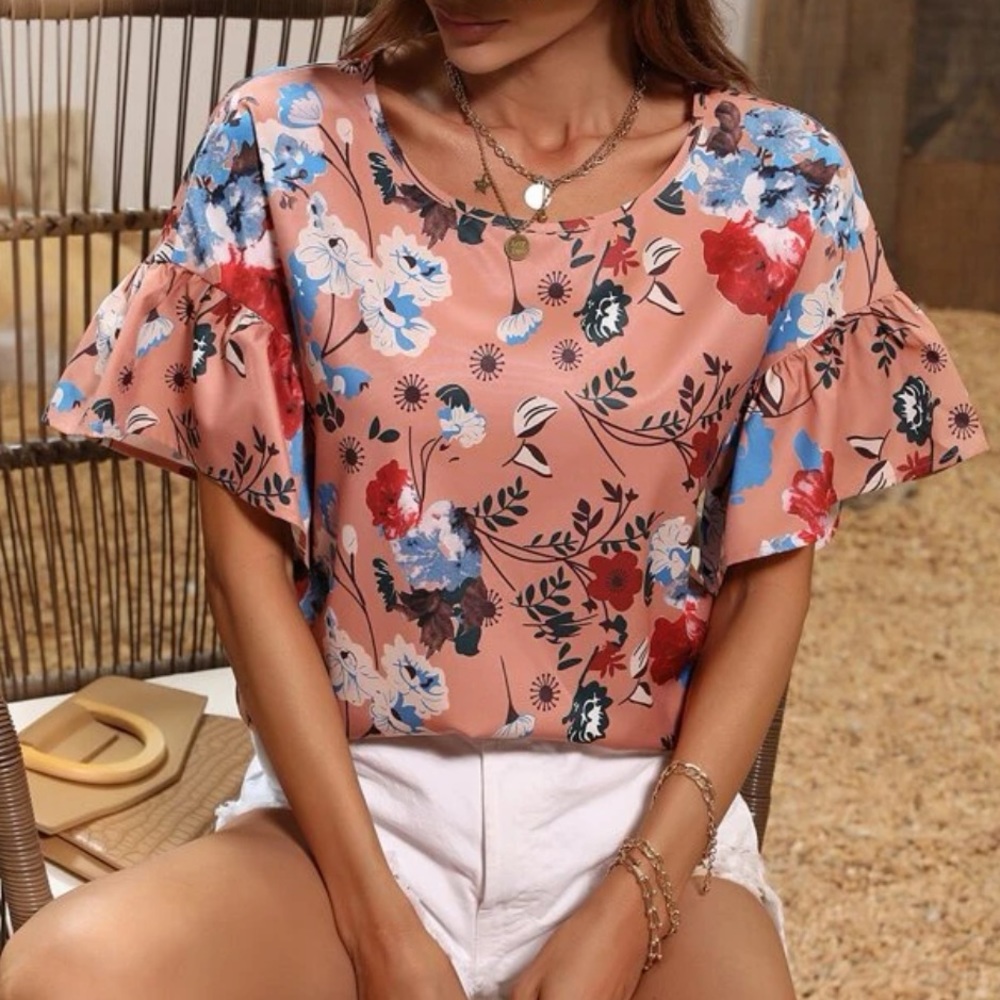 Floral Print Flounce Sleeve Blouse - Picture 6 of 7